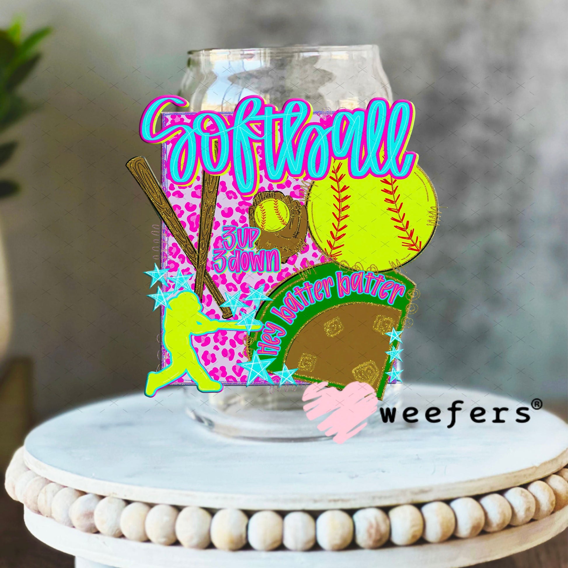 UV DTF Decal - Softball 3 Up 3 Down 16oz Libbey Glass Original Size Weefers
