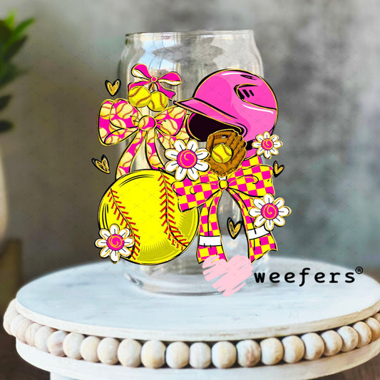 UV DTF Decal - Pink Yellow Sotfball Bows 16oz Libbey Glass Original Size Weefers