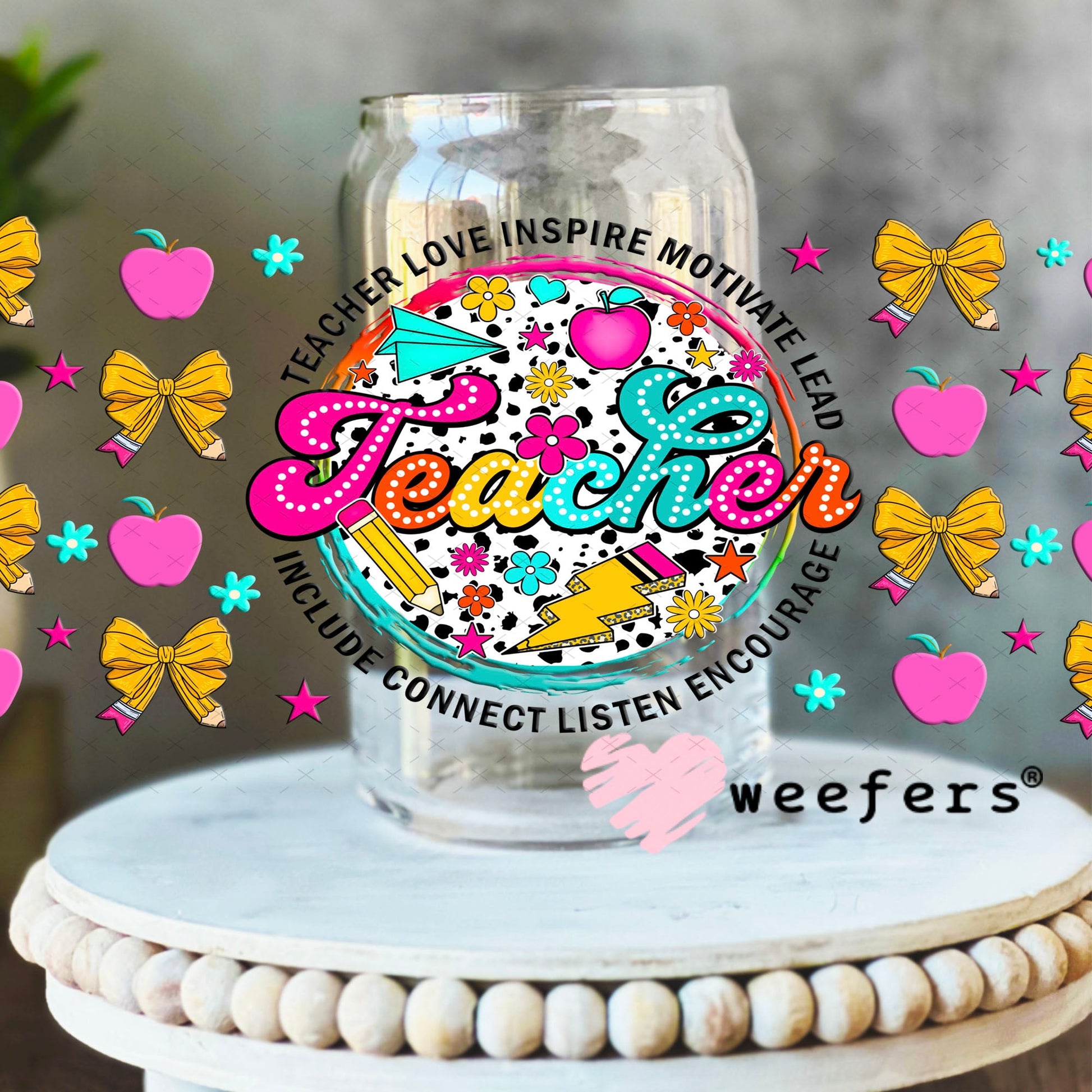 UV DTF Cup Wraps - Teacher Coquett Bows 16oz Libbey Glass Original Size Weefers