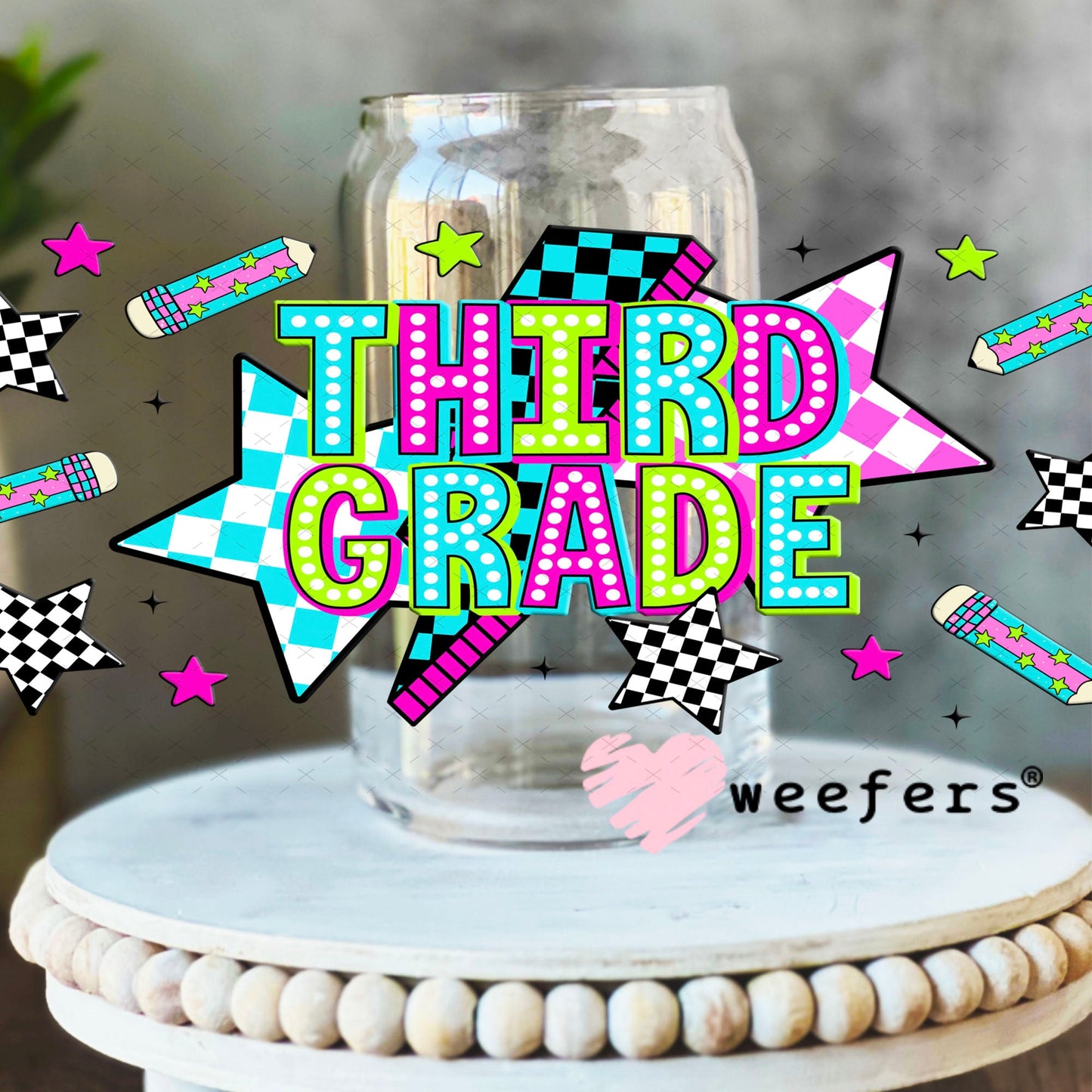 UV DTF Cup Wraps - Third Grade Checkered 16oz Libbey Glass Original Size Weefers