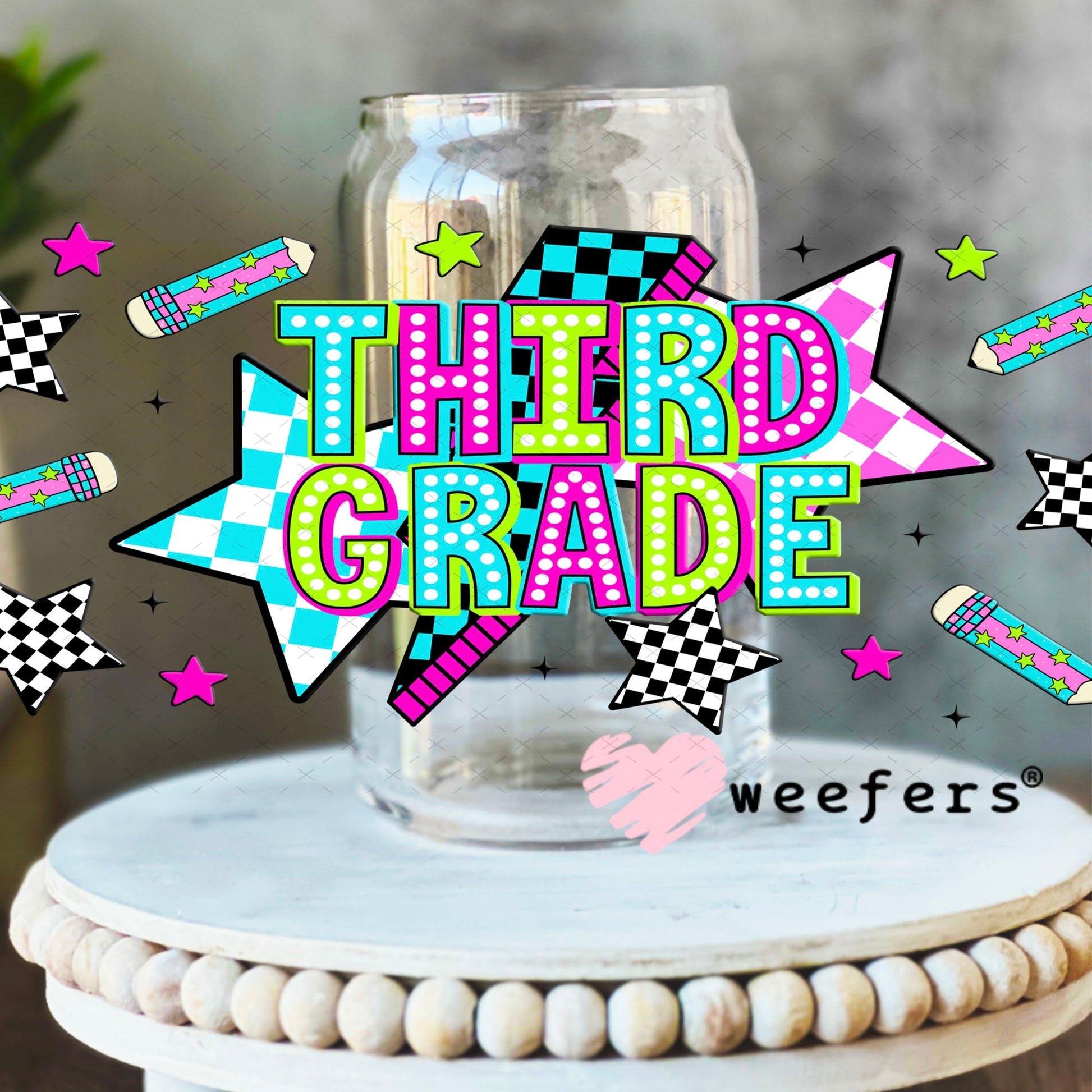 UV DTF Cup Wraps - Third Grade Checkered 16oz Libbey Glass Original Size Weefers