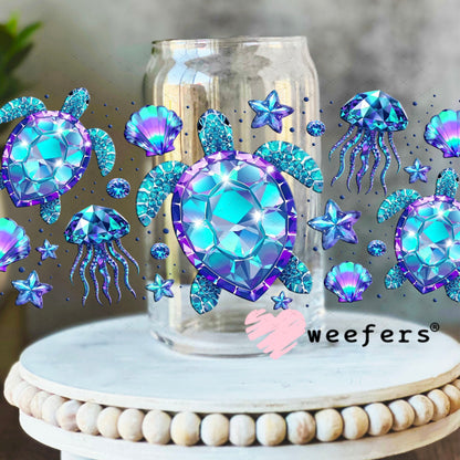 UV DTF Cup Wraps - Teal Blue Sea Turtles 16oz Libbey Glass Original Size Weefers