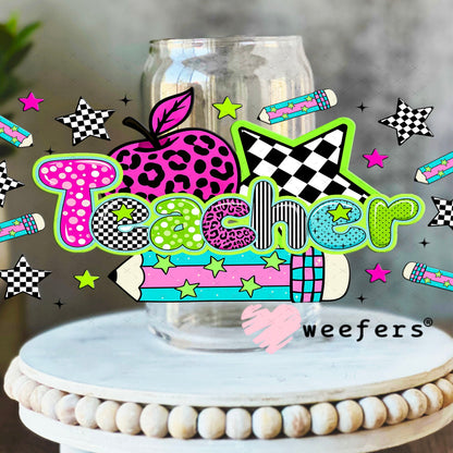 UV DTF Cup Wraps - Teacher Leopard Pink 16oz Libbey Glass Original Size Weefers