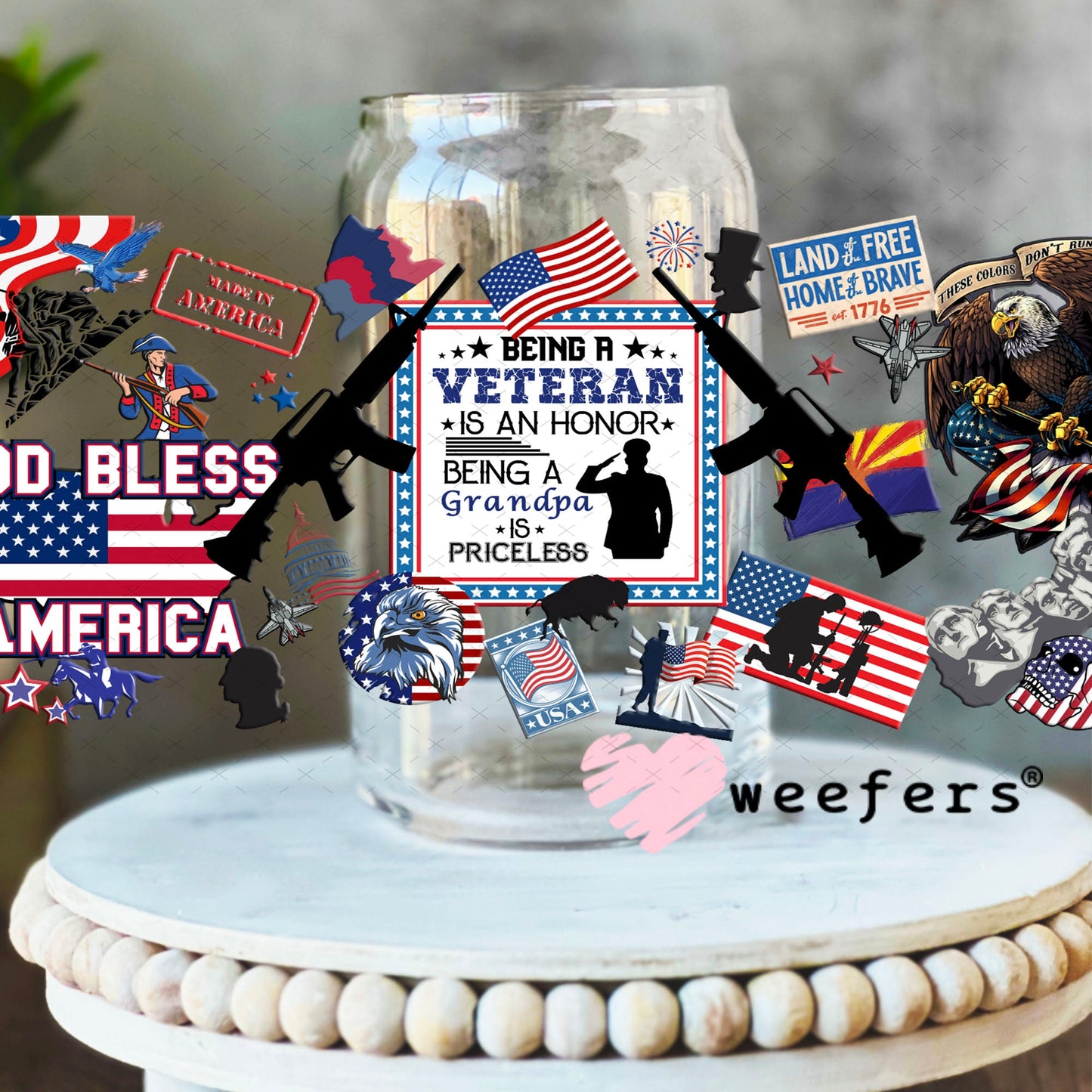 UV DTF Cup Wraps - God Bless America Veteran 16oz Libbey Glass Original Size Weefers