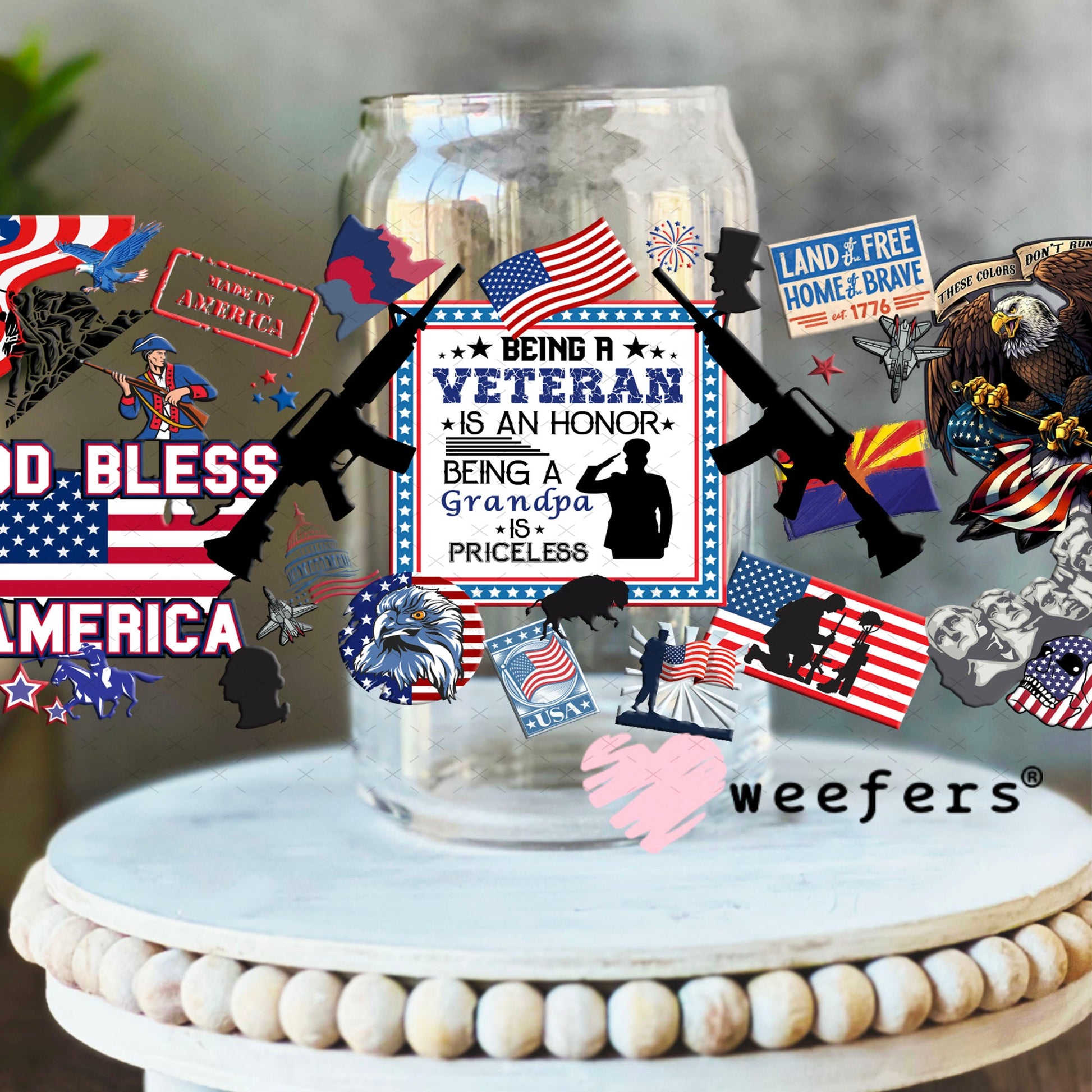 UV DTF Cup Wraps - God Bless America Veteran 16oz Libbey Glass Original Size Weefers