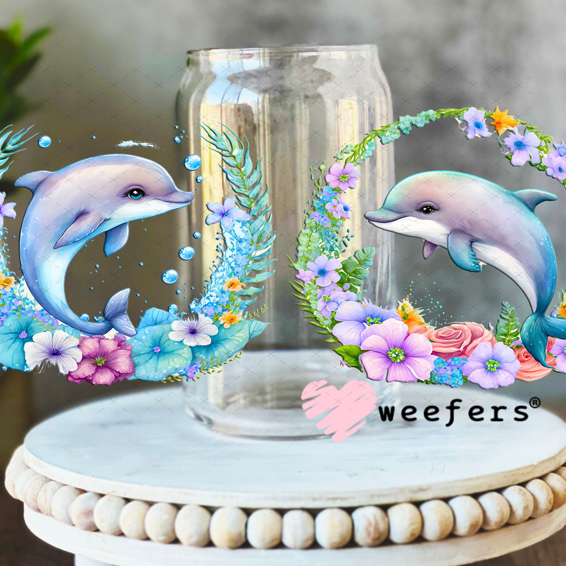 UV DTF Cup Wraps - Dolphins Flowers 16oz Libbey Glass Original Size Weefers