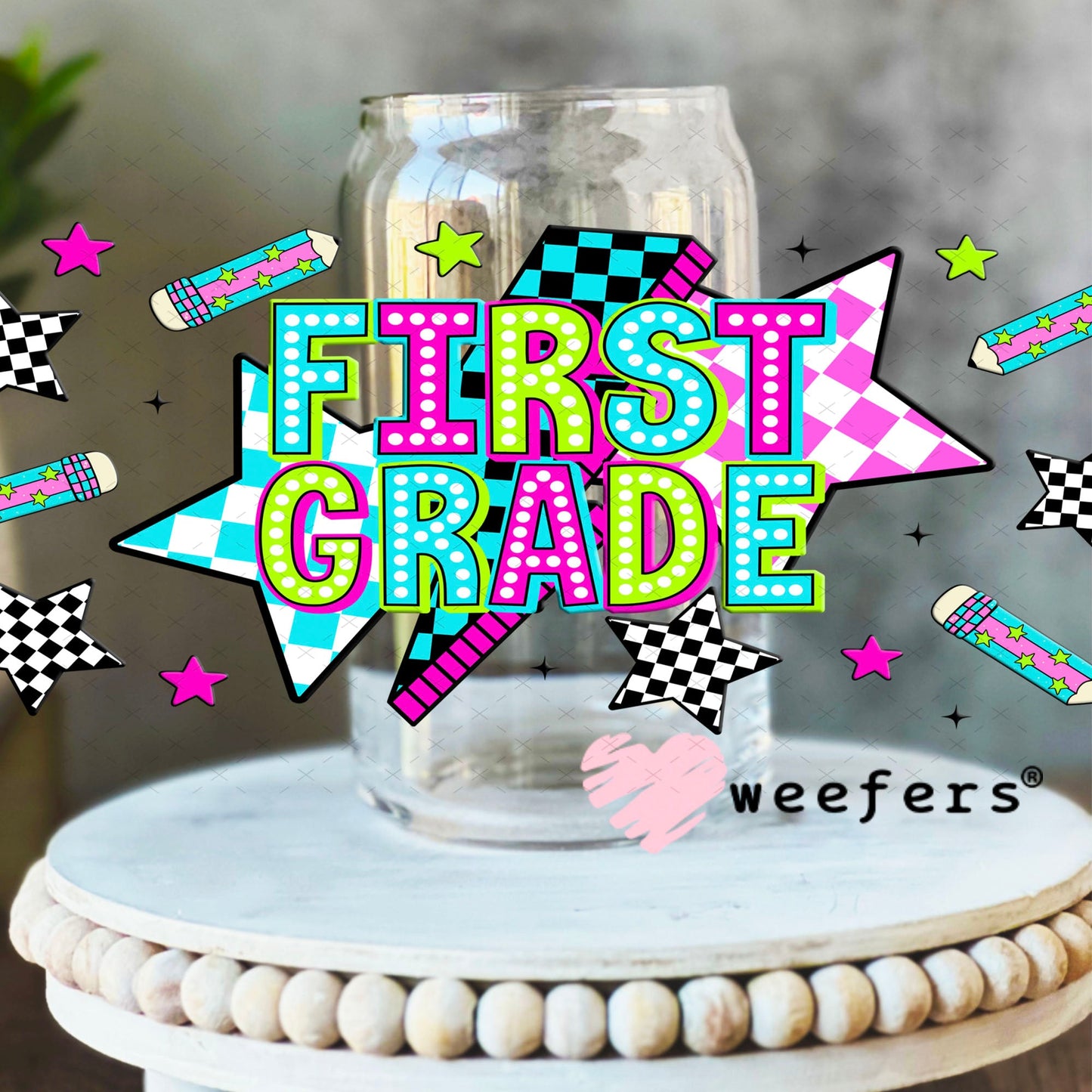UV DTF Cup Wraps - First Grade Checkered 16oz Libbey Glass Original Size Weefers