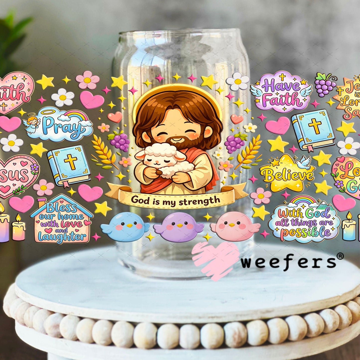 UV DTF Cup Wraps - God is my Strength 16oz Libbey Glass Original Size Weefers
