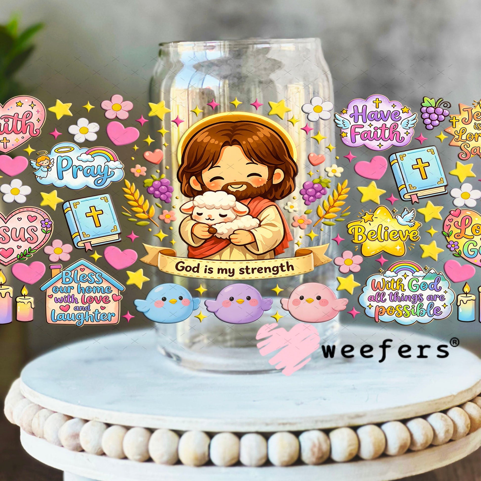 UV DTF Cup Wraps - God is my Strength 16oz Libbey Glass Original Size Weefers