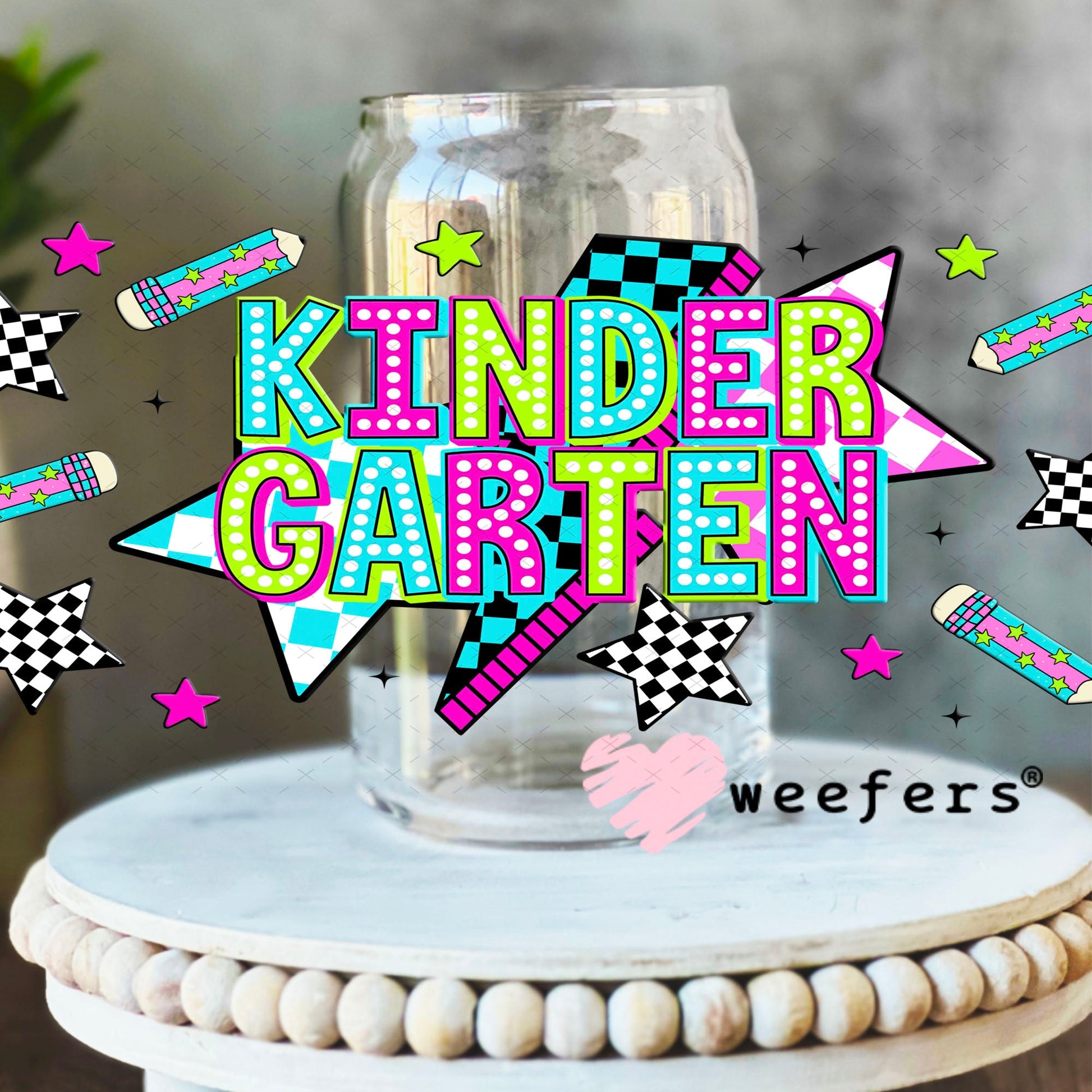 UV DTF Cup Wraps - Kindergarten Checkered 16oz Libbey Glass Original Size Weefers