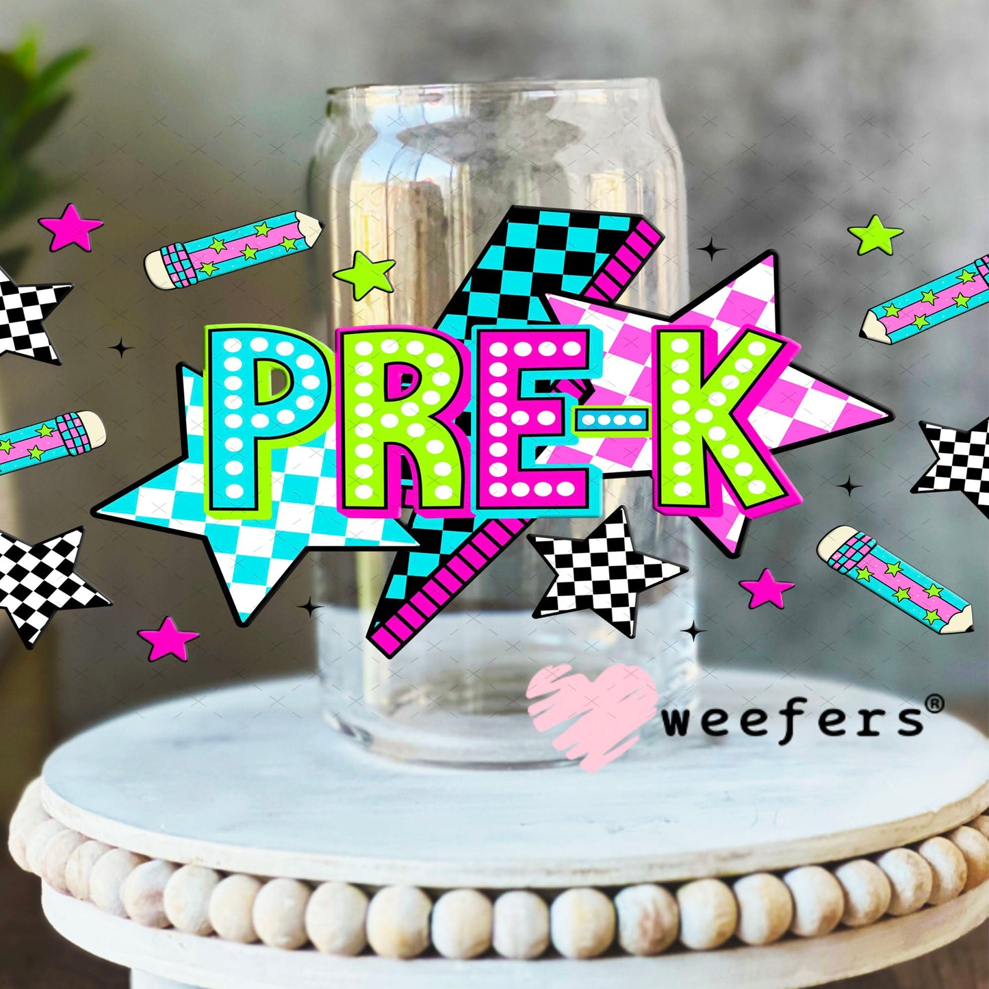 UV DTF Cup Wraps - Pre-K Checkered 16oz Libbey Glass Original Size Weefers
