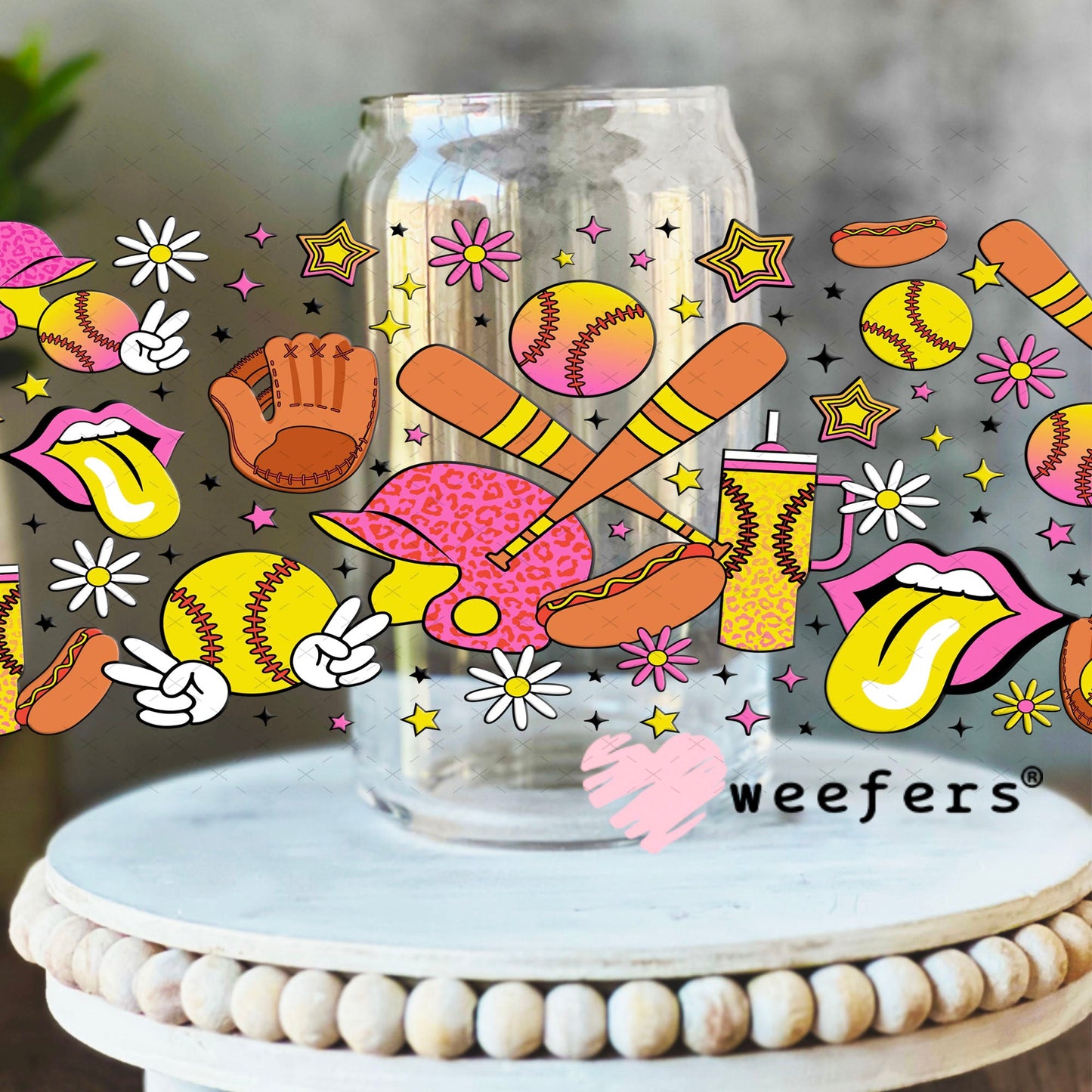 UV DTF Cup Wraps - Retro Softball Favorite Things 16oz Libbey Glass Original Size Weefers