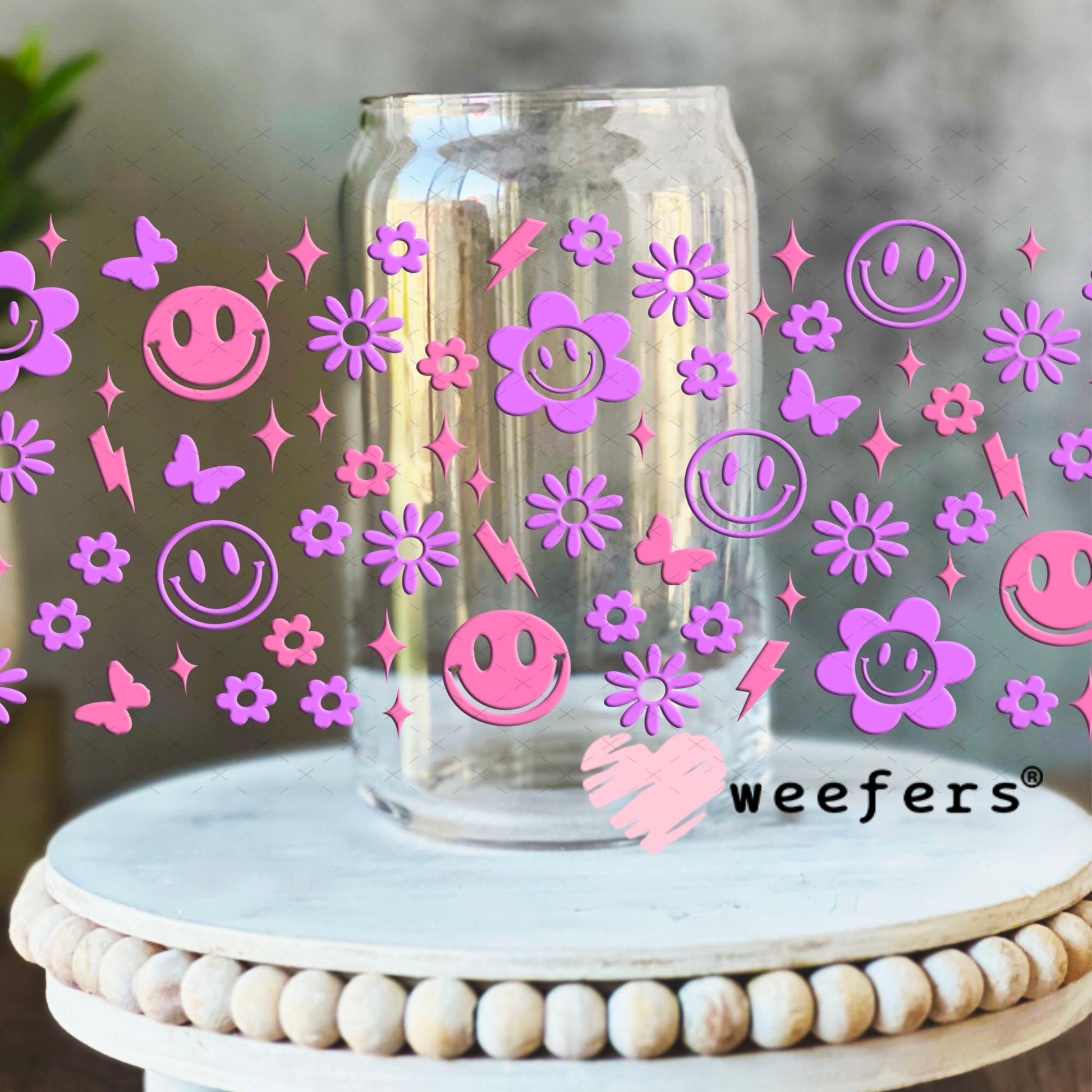 UV DTF Cup Wraps - Happy Purple and Pink Faces 16oz Libbey Glass Original Size Weefers