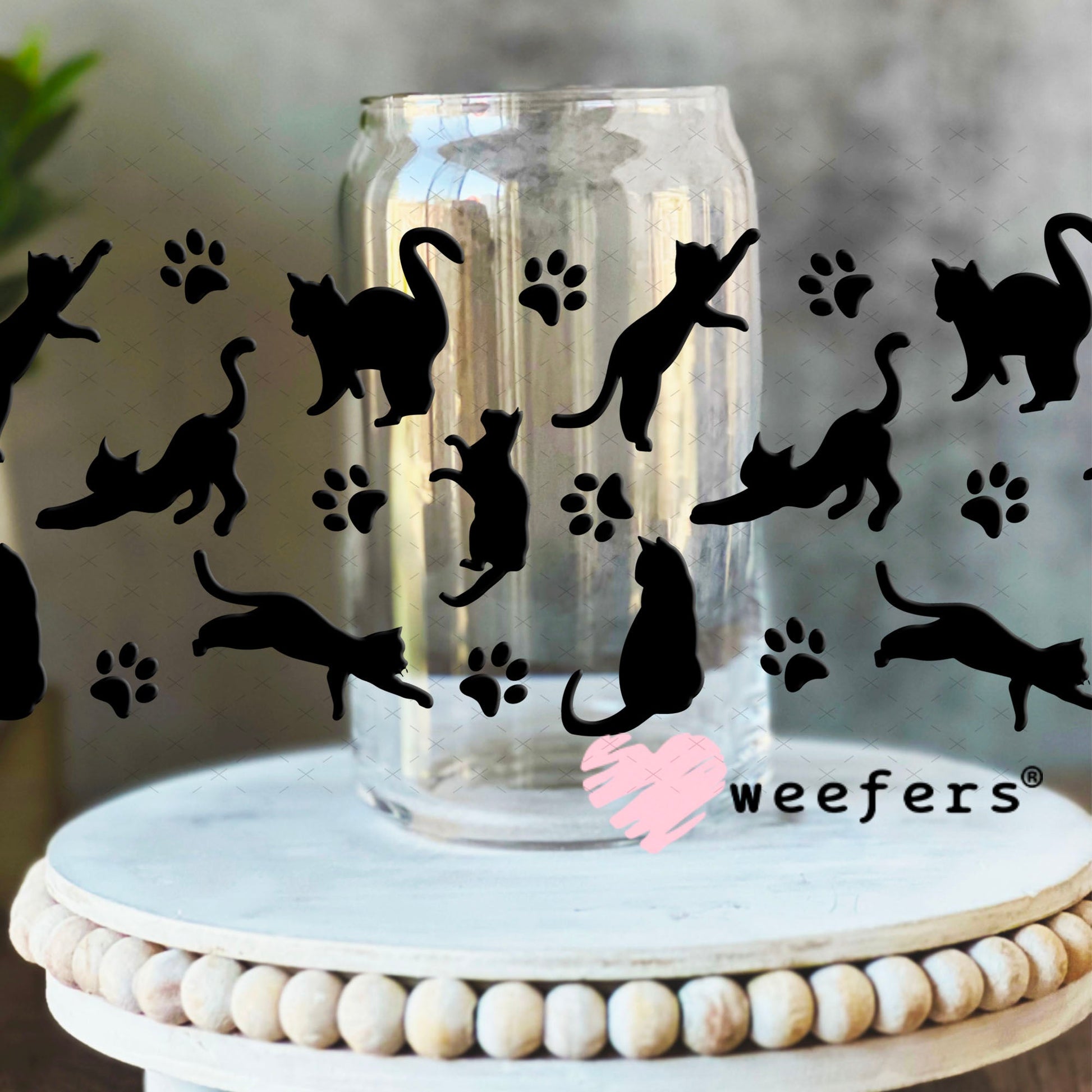UV DTF Cup Wraps - Black Playful Cats 16oz Libbey Glass Original Size Weefers