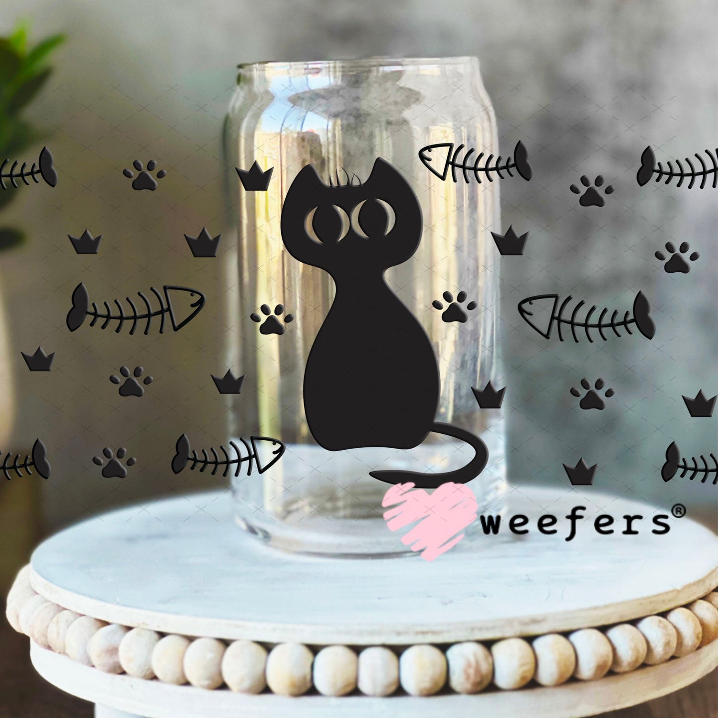 UV DTF Cup Wraps - Black Cat Fish Bones 16oz Libbey Glass Original Size Weefers