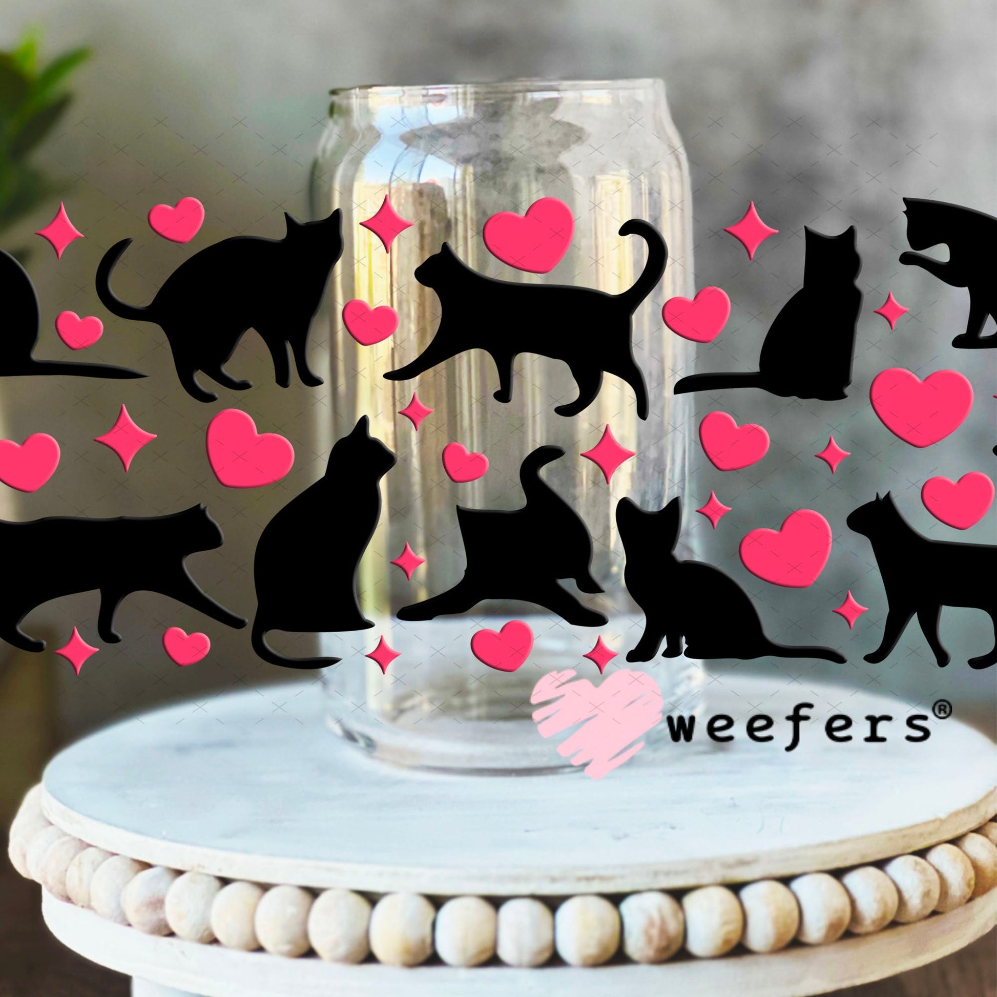 UV DTF Cup Wraps - Playful Black Cats and Hearts 16oz Libbey Glass Original Size Weefers