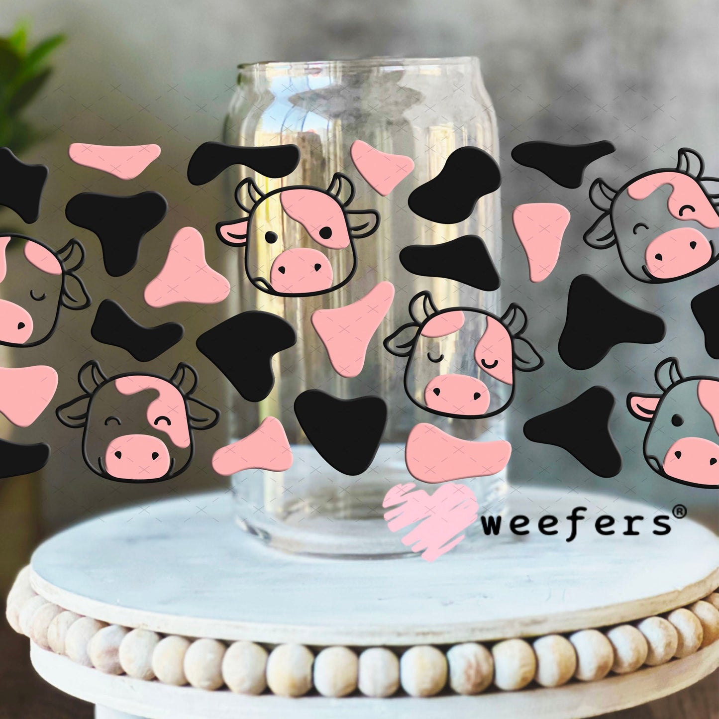 UV DTF Cup Wraps - Pink and Black Cows 16oz Libbey Glass Original Size Weefers