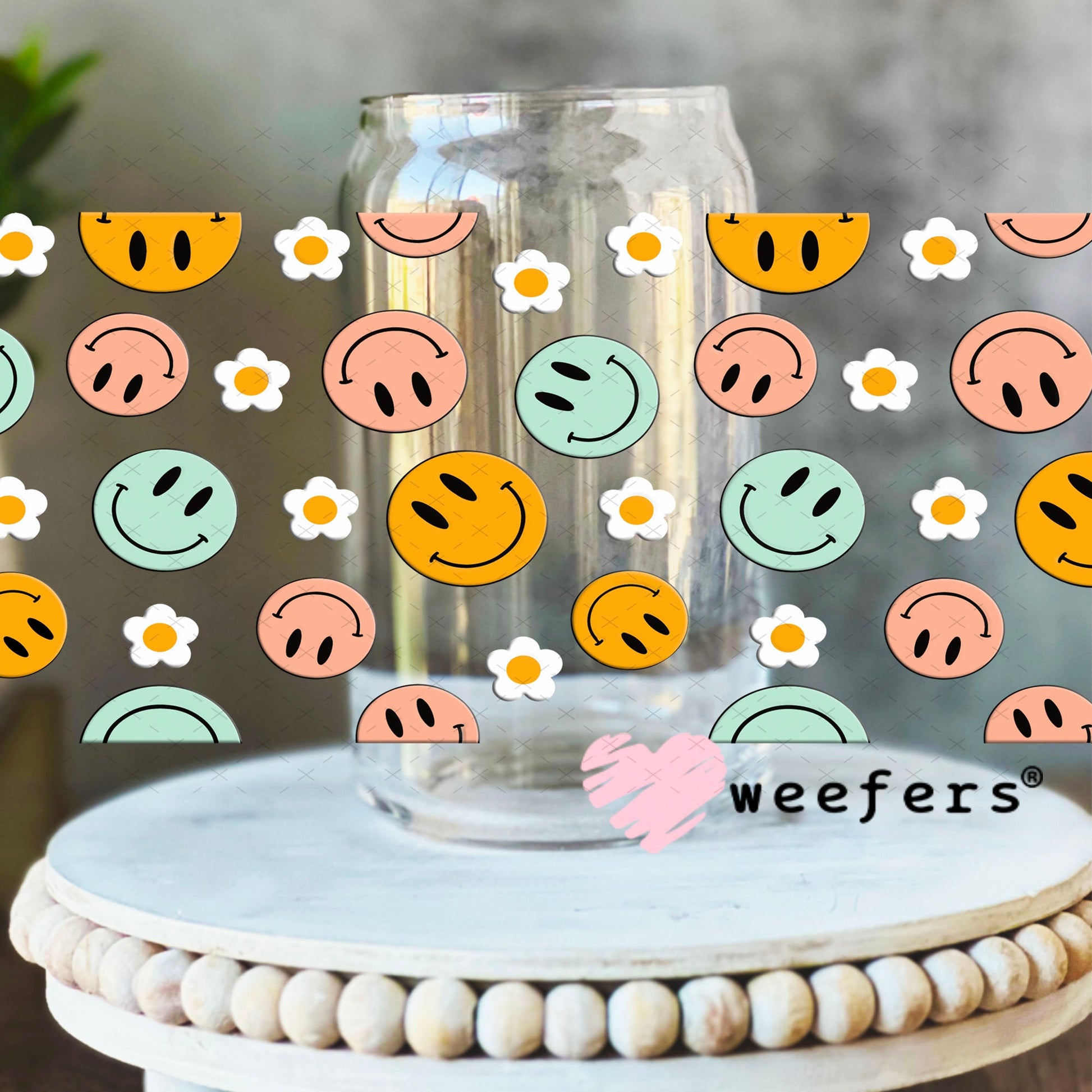 UV DTF Cup Wraps - Happy Retro Faces 16oz Libbey Glass Original Size Weefers