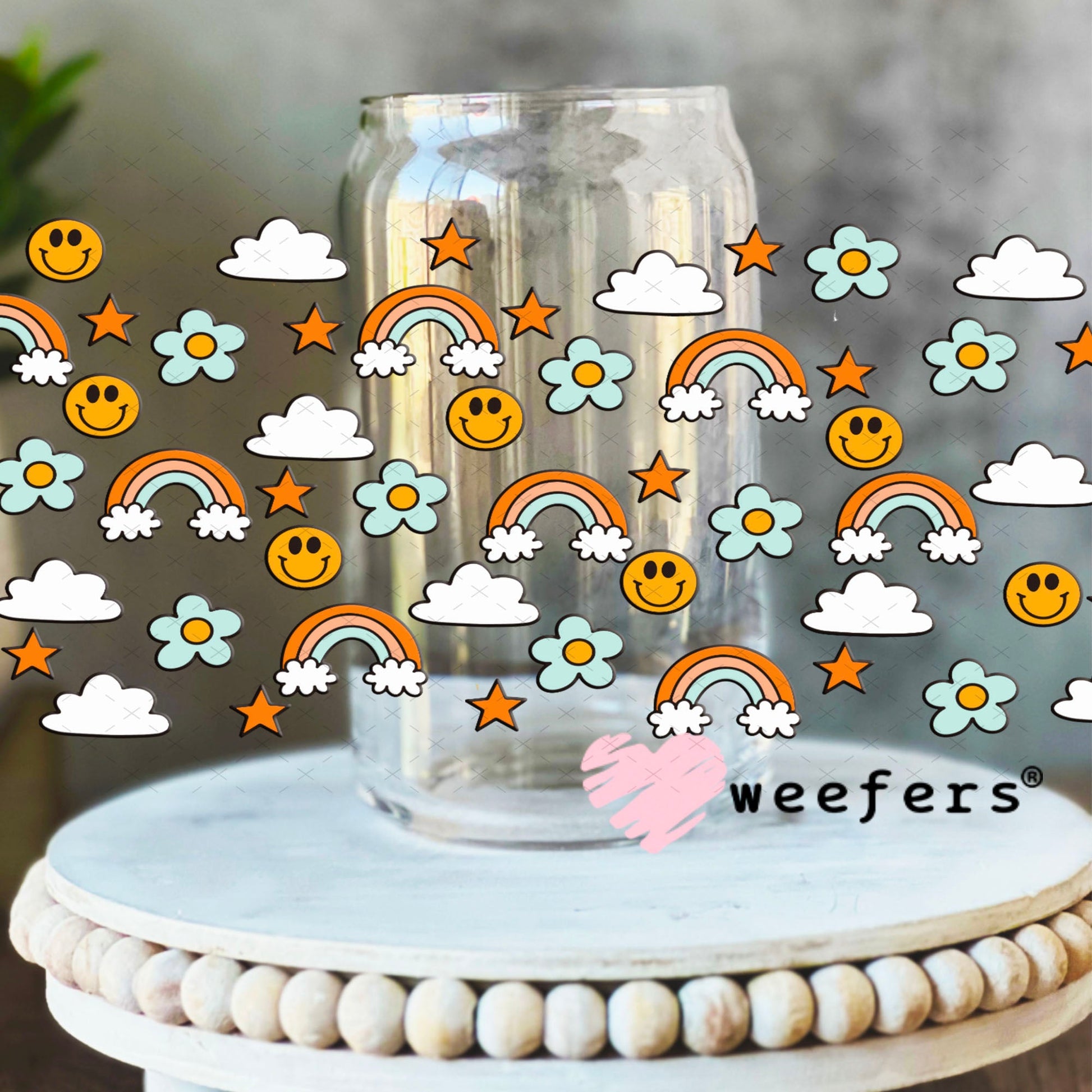 UV DTF Cup Wraps - Rainbow Happy Faces 16oz Libbey Glass Original Size Weefers