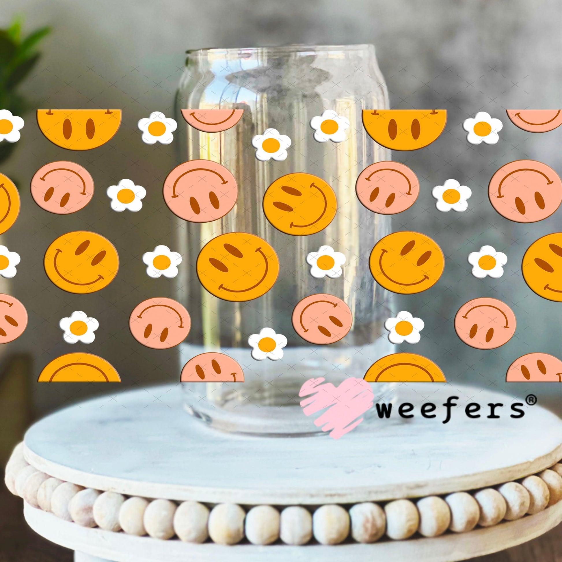 UV DTF Cup Wraps - Retro Happy Faces 16oz Libbey Glass Original Size Weefers