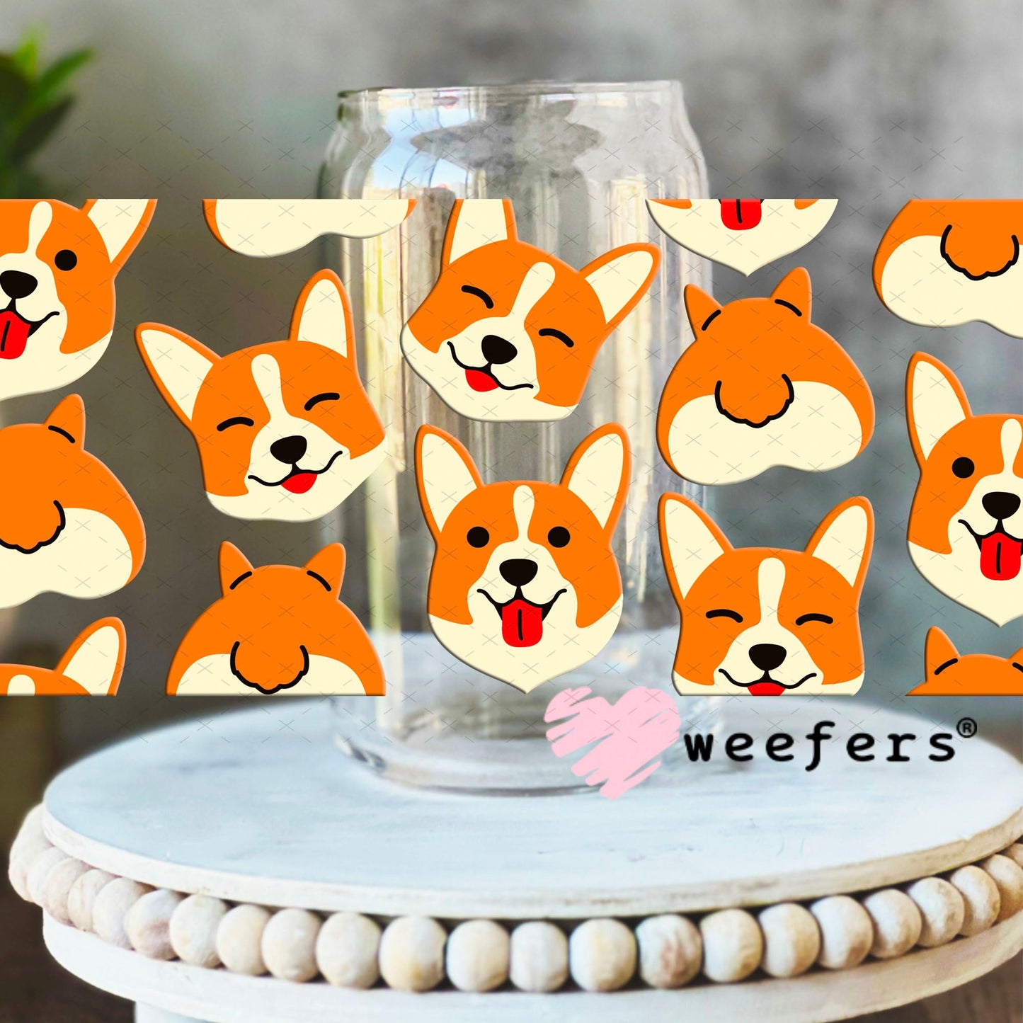UV DTF Cup Wraps - Happy Corgi Faces 16oz Libbey Glass Original Size Weefers