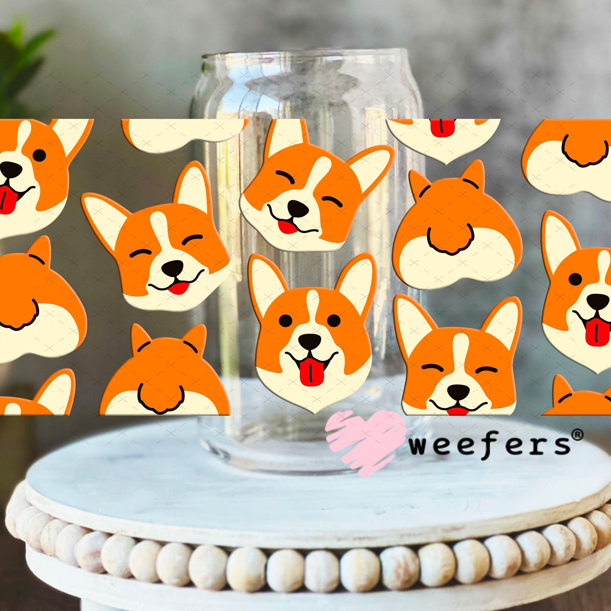 UV DTF Cup Wraps - Happy Corgi Faces 16oz Libbey Glass Original Size Weefers