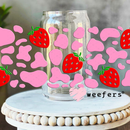 UV DTF Cup Wraps - Pink Cow Print Red Strawberries 16oz Libbey Glass Original Size Weefers