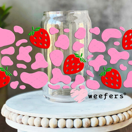 UV DTF Cup Wraps - Pink Cow Print Red Strawberries 16oz Libbey Glass Original Size Weefers