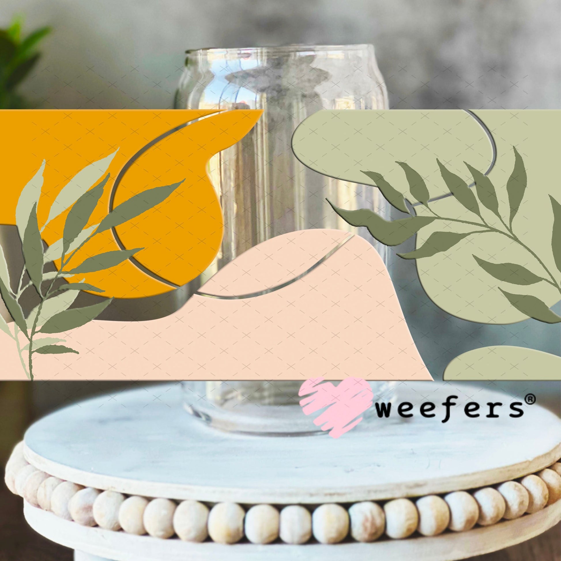 UV DTF Cup Wraps - Abstract Green Orange Leaves 16oz Libbey Glass Original Size Weefers