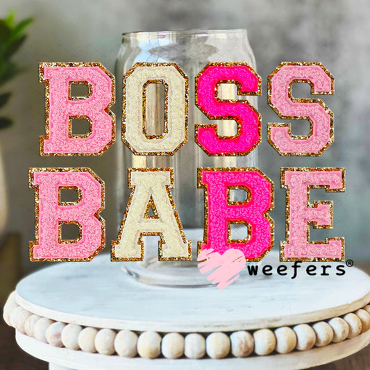 UV DTF Decal - Faux Chenille Boss Babe 16oz Libbey Glass Original Size Weefers