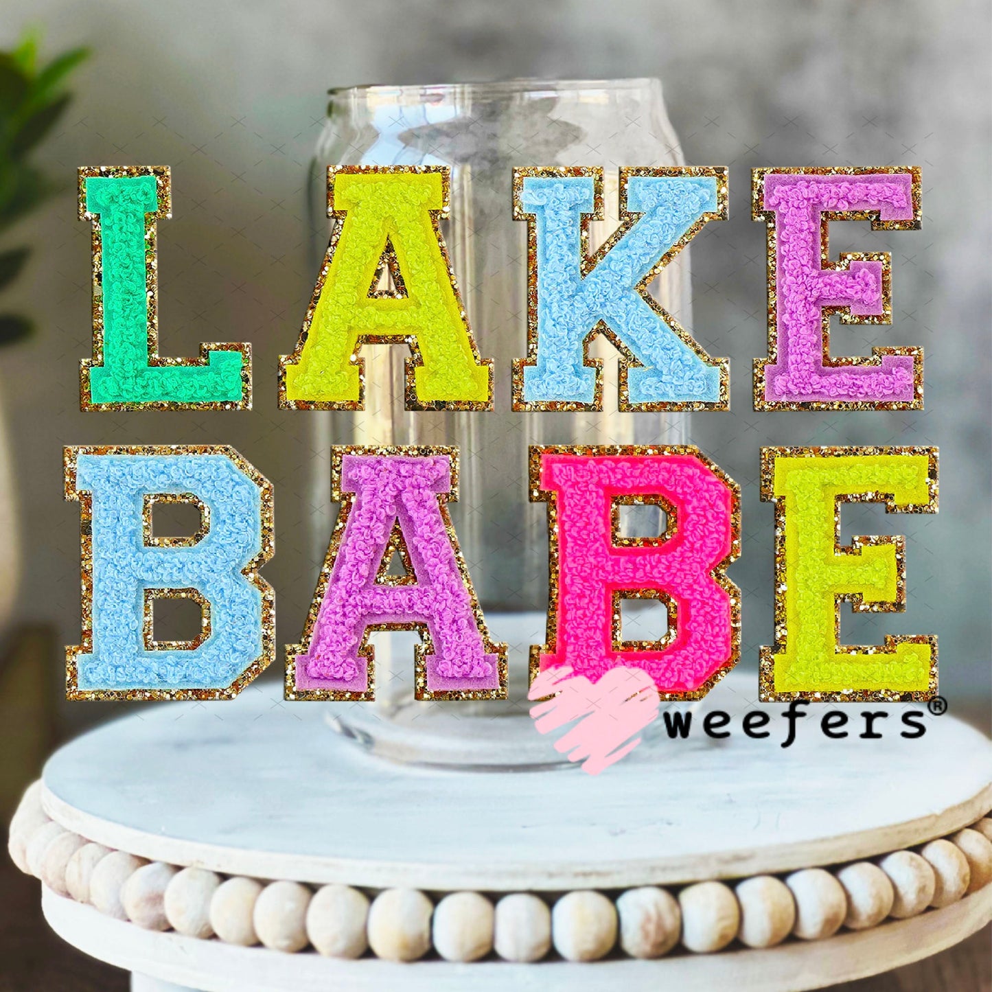 UV DTF Decal - Faux Chenille Lake Babe 16oz Libbey Glass Original Size Weefers