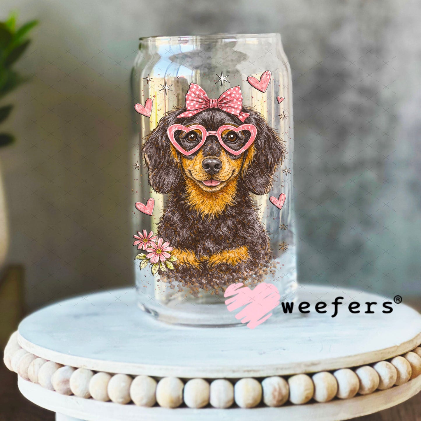 UV DTF Decal - Hearts Dachshund 16oz Libbey Glass Original Size Weefers
