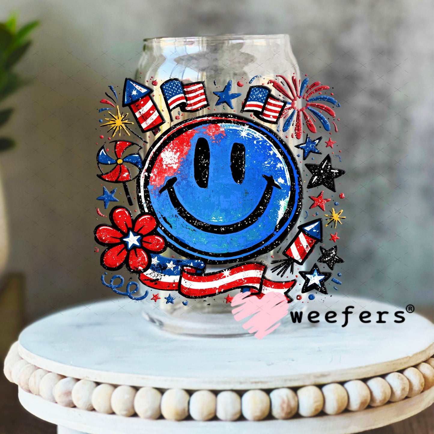 UV DTF Decal - Happy Face 4th of July 16oz Libbey Glass Original Size Weefers