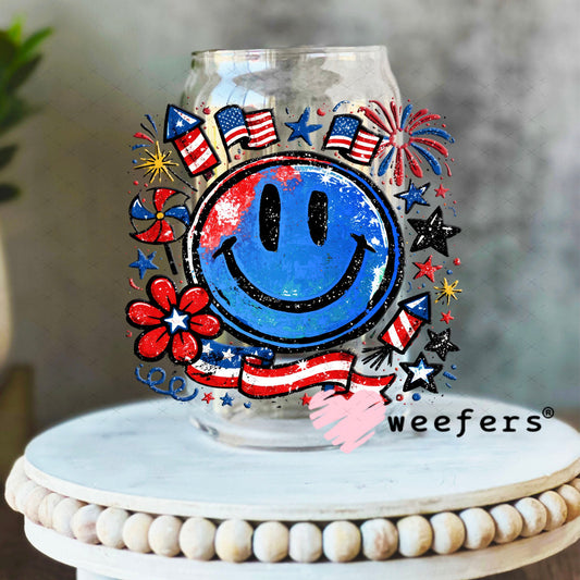 UV DTF Decal - Happy Face 4th of July 16oz Libbey Glass Original Size Weefers