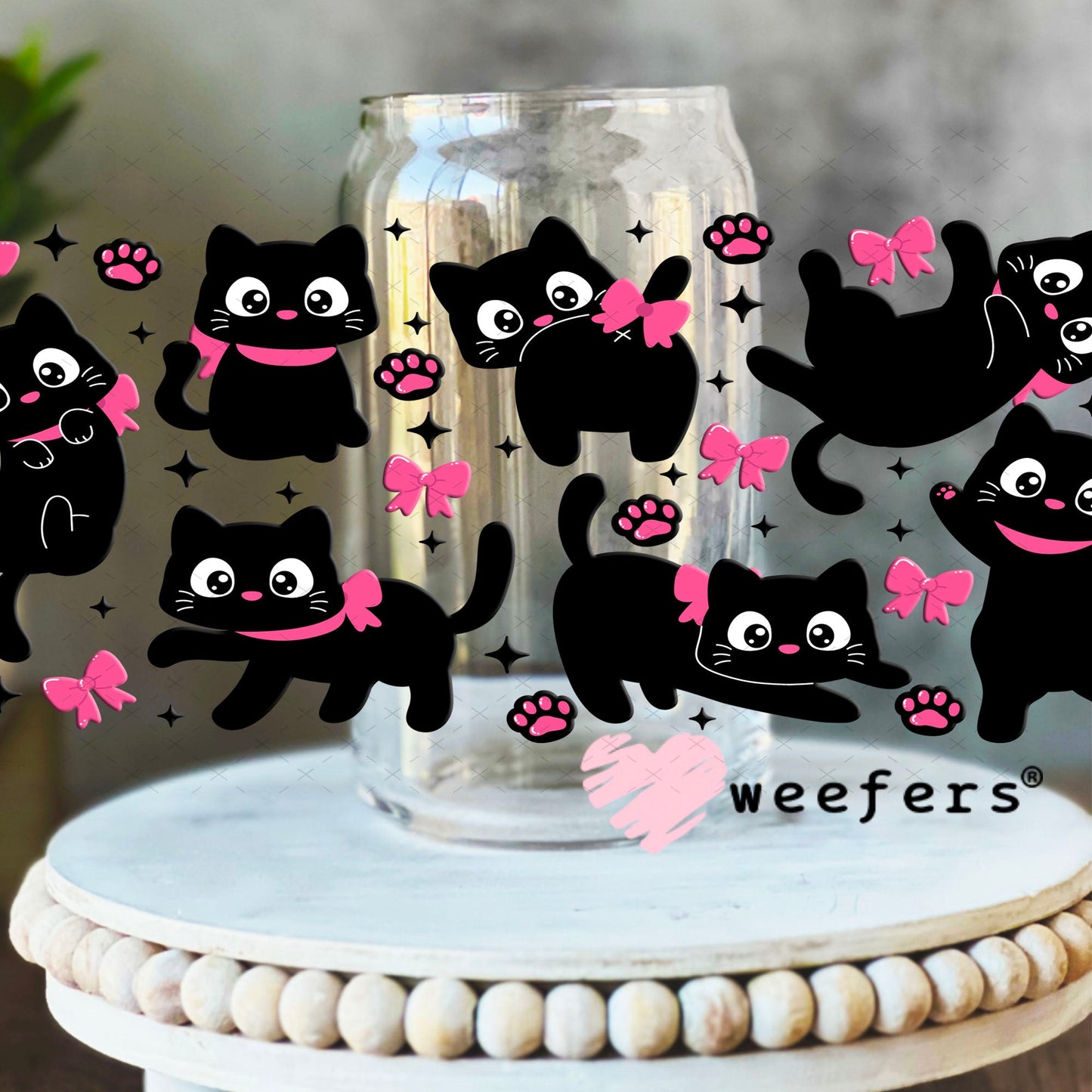 UV DTF Cup Wraps - Playful Cats and Hot Pink Butterflies 16oz Libbey Glass Original Size Weefers