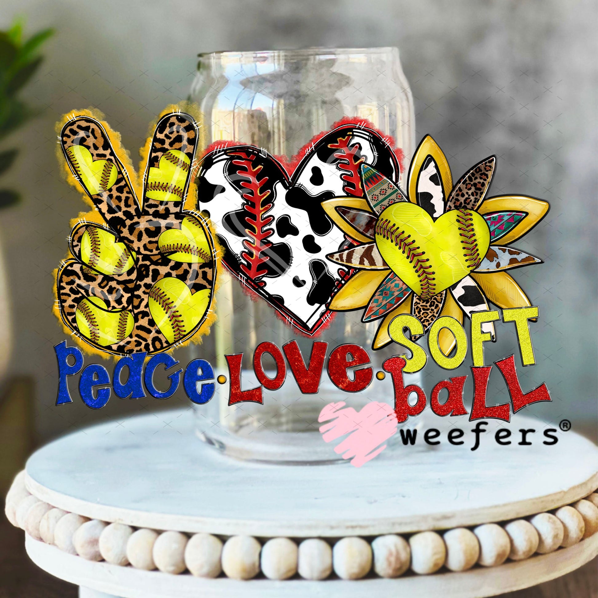 UV DTF Decal - Peace Love Softball 16oz Libbey Glass Original Size Weefers