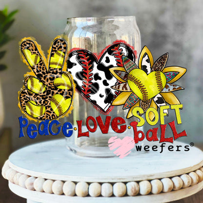 UV DTF Decal - Peace Love Softball 16oz Libbey Glass Original Size Weefers