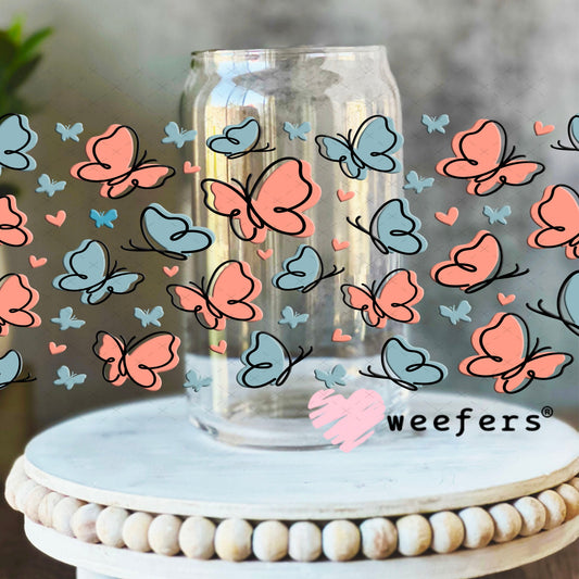 UV DTF Cup Wraps - Peach and Blue Butterflies 16oz Libbey Glass Original Size Weefers