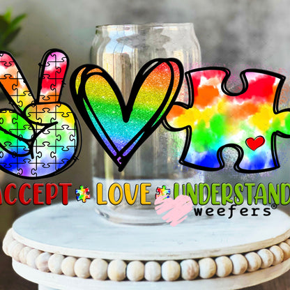 UV DTF Decal - Accept Love Understand Autism 16oz Libbey Glass Original Size Weefers