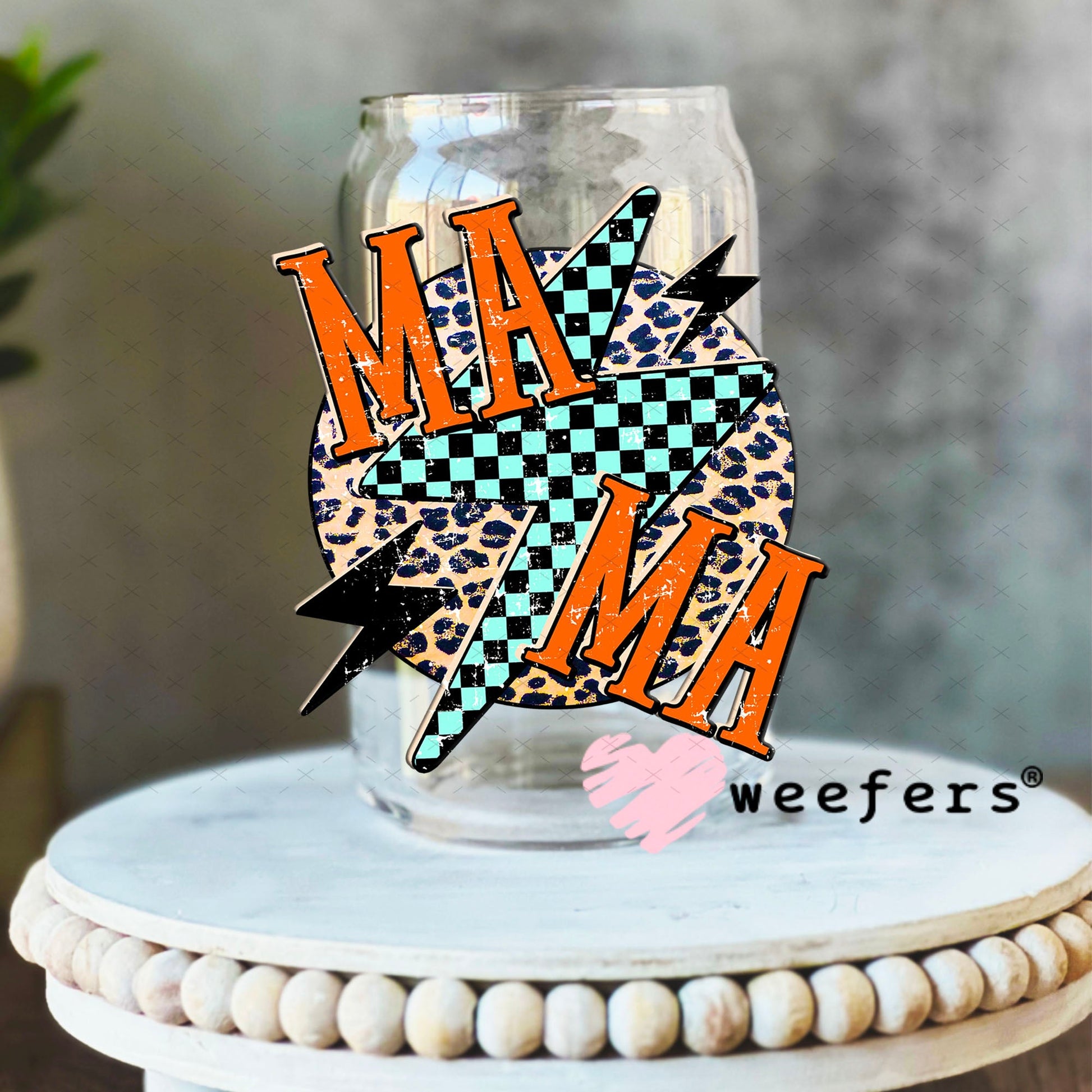 UV DTF Decal - Mama Checkered Lightening Bolt 16oz Libbey Glass Original Size Weefers