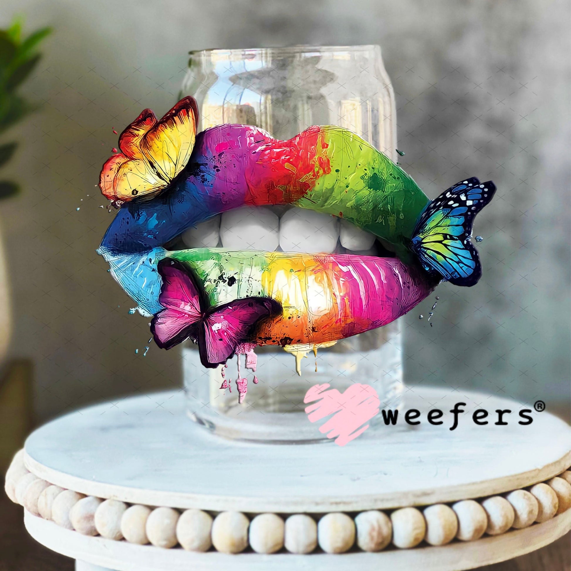 UV DTF Decal - Rainbow Lips 16oz Libbey Glass Original Size Weefers
