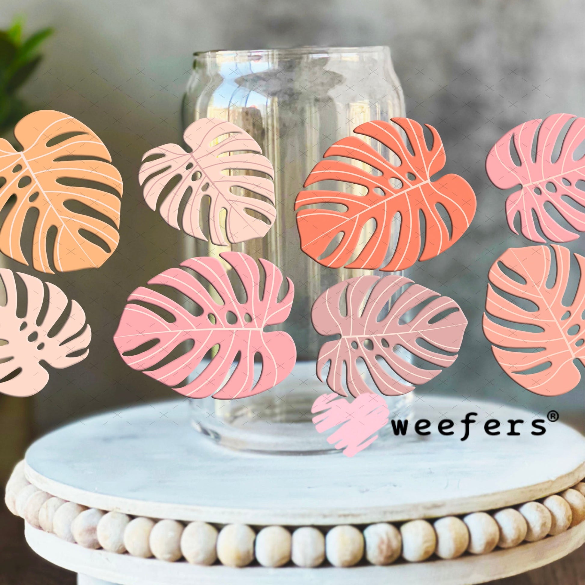 UV DTF Cup Wraps - Pink Montesera Leaves 16oz Libbey Glass Original Size Weefers