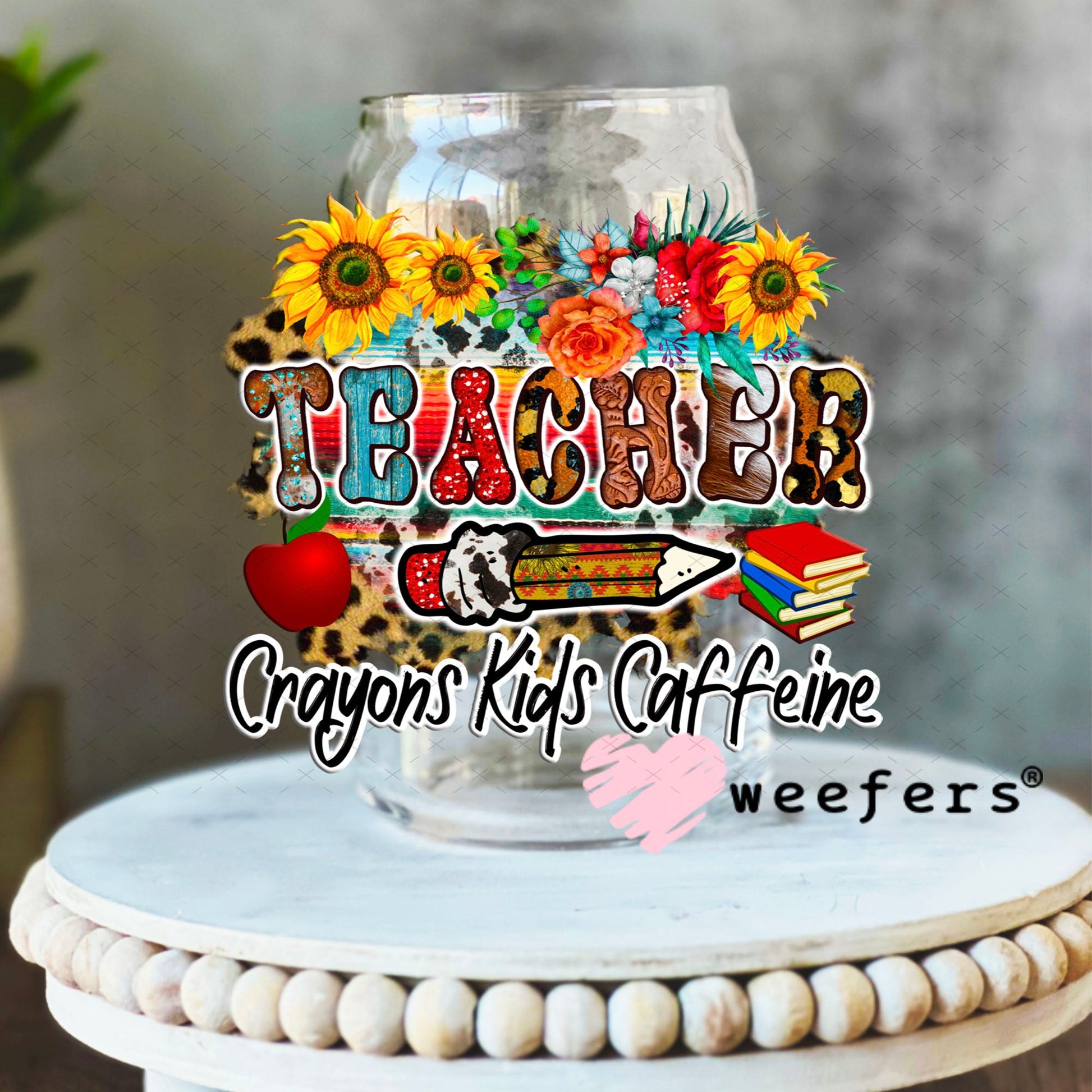 UV DTF Decal - Teacher Western Crayons Kids Caffeine 16oz Libbey Glass Original Size Weefers