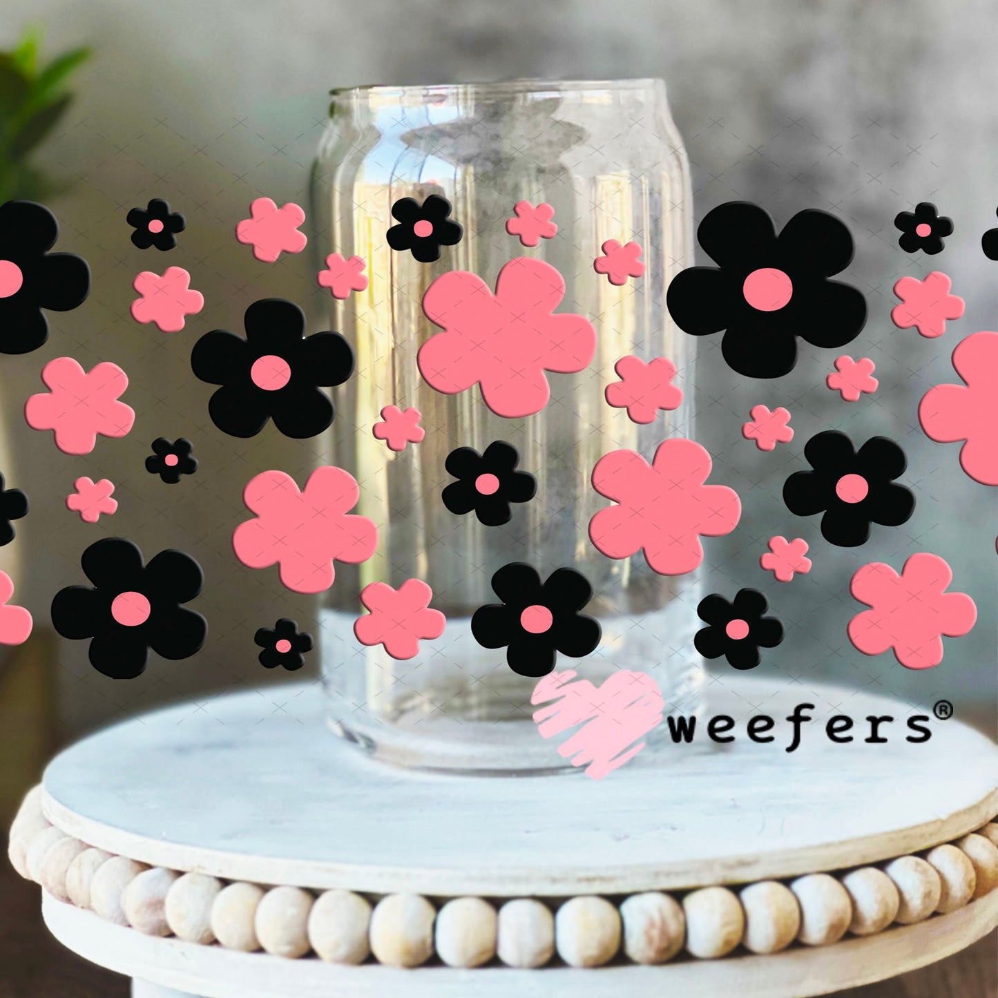 UV DTF Cup Wraps - Black and Pink Daisies 16oz Libbey Glass Original Size Weefers
