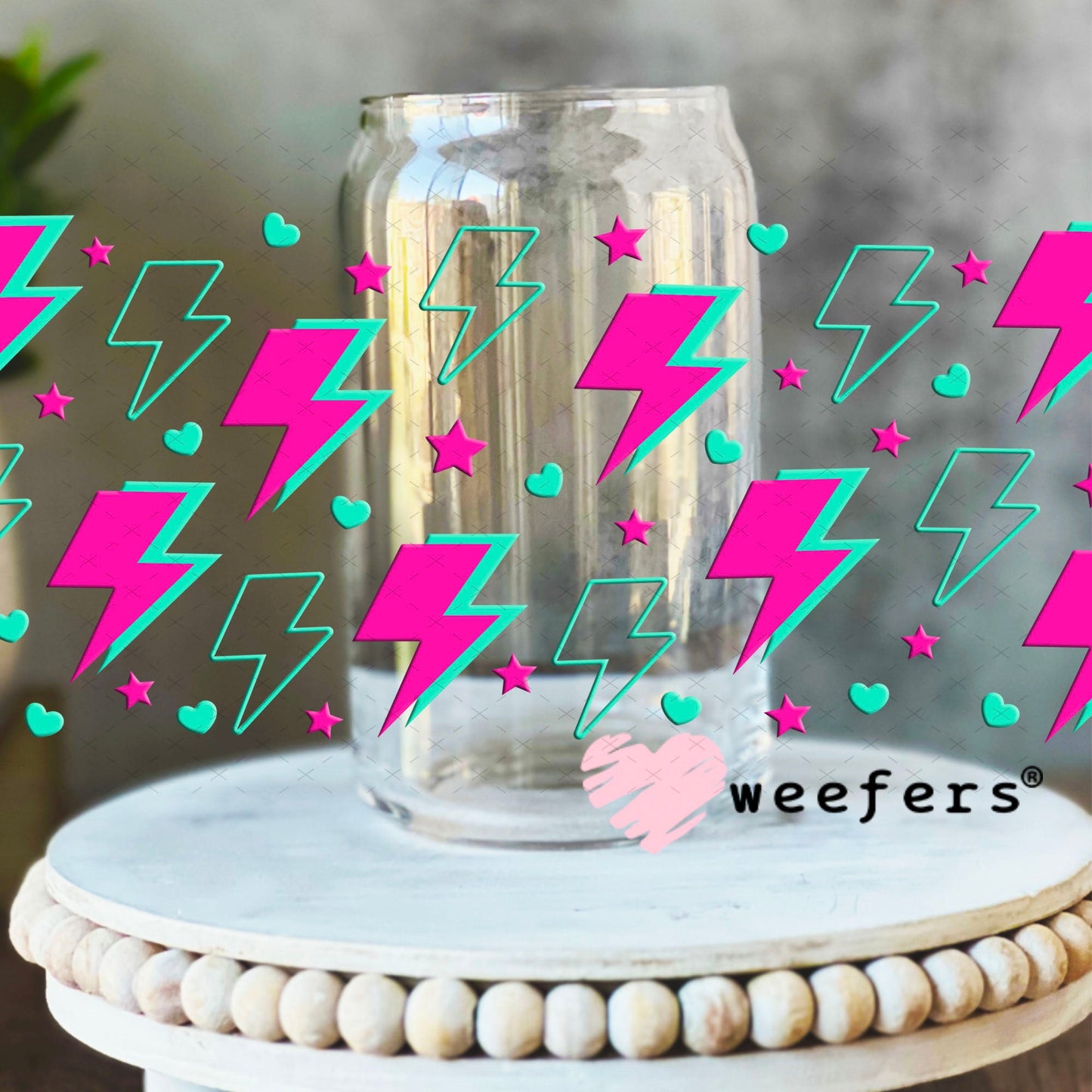 UV DTF Cup Wraps - Hot Pink and Teal Lightening Bolts 16oz Libbey Glass Original Size Weefers