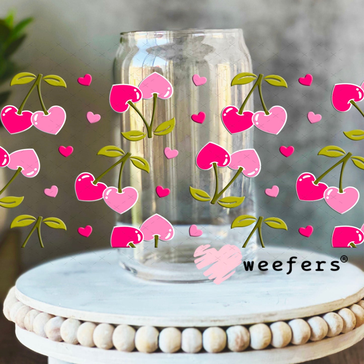 UV DTF Cup Wraps - Cherry Hearts 16oz Libbey Glass Original Size Weefers
