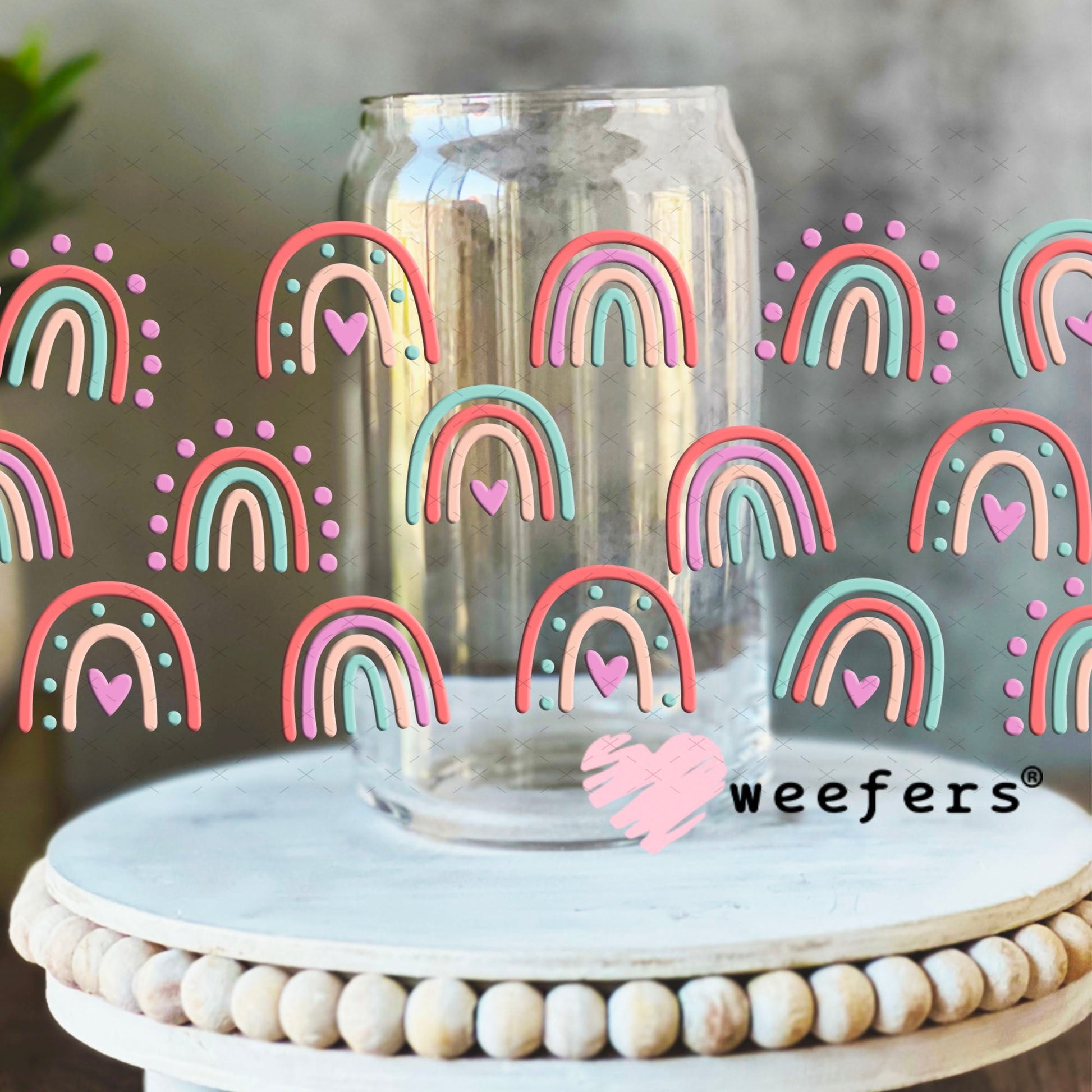 UV DTF Cup Wraps - Boho Rainbows Pink 16oz Libbey Glass Original Size Weefers