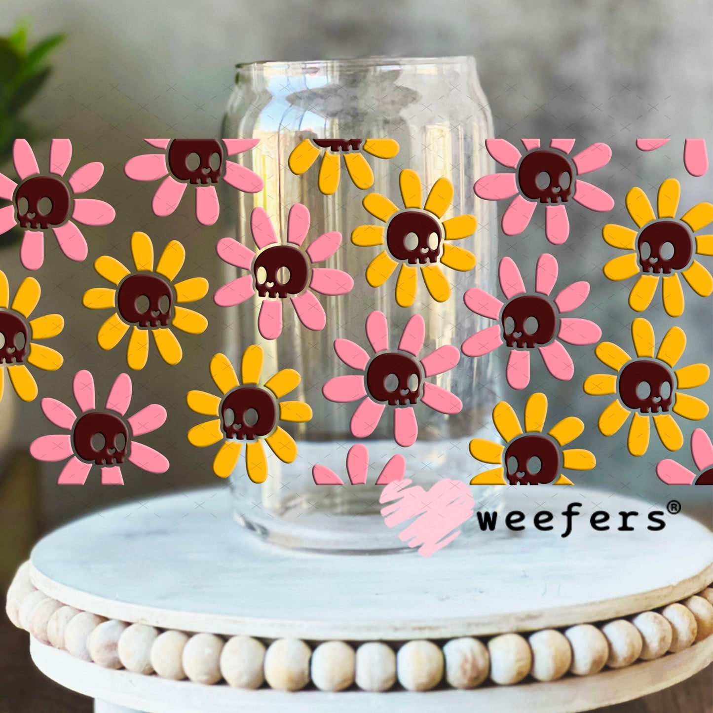 UV DTF Cup Wraps - Skull Flowers 16oz Libbey Glass Original Size Weefers
