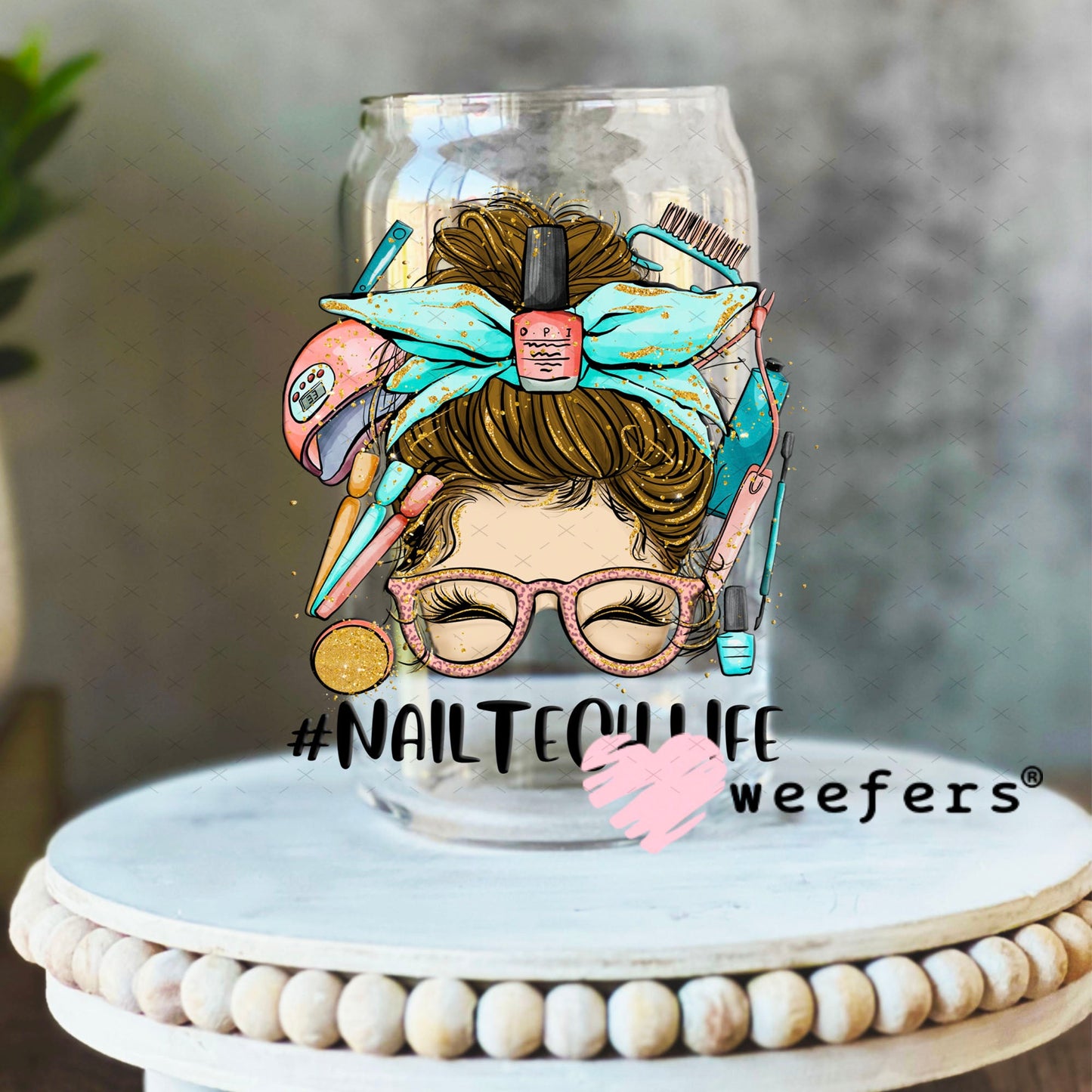 UV DTF Decal - Nail Tech Life Messy Bun 16oz Libbey Glass Original Size Weefers