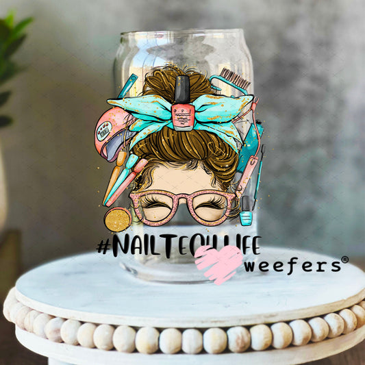 UV DTF Decal - Nail Tech Life Messy Bun 16oz Libbey Glass Original Size Weefers